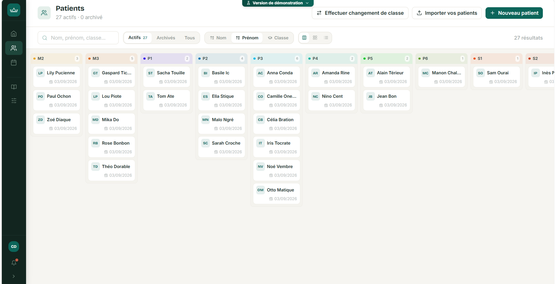 La liste des patients de SuiviLogo, organisée par classe scolaire, avec un compteur d’actifs et d’archivés, une recherche et un tri par nom, prénom ou classe.