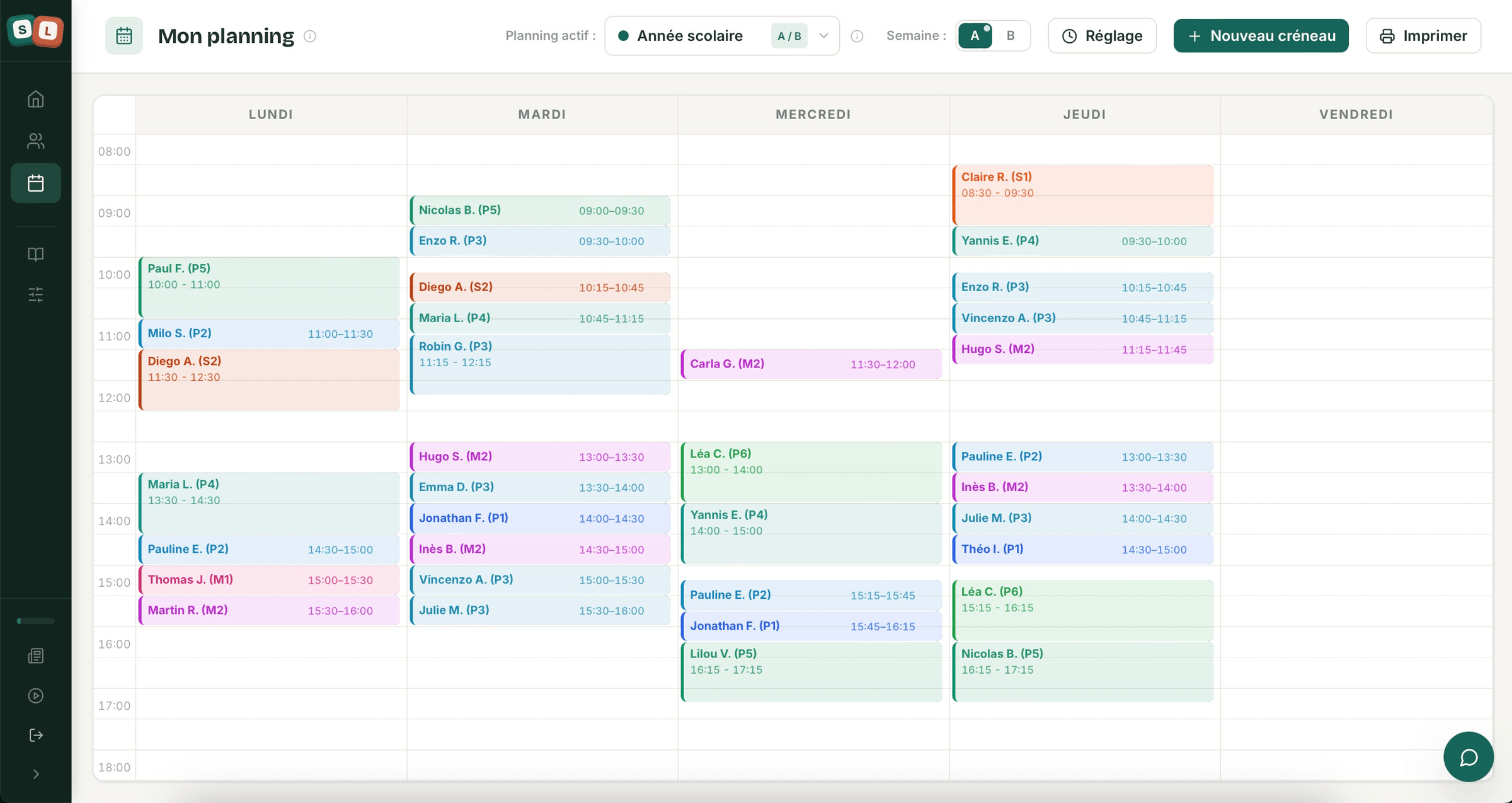 Le planning de SuiviLogo, ici en alternance semaine A / semaine B : un créneau coloré par patient, du lundi au vendredi, avec le choix de la semaine, le réglage de l’affichage et l’impression en haut.